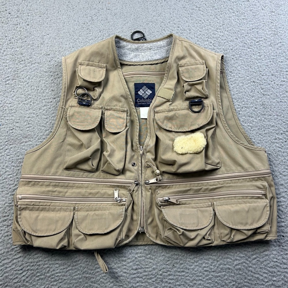 VTG Columbia Sportswear Fishing Vest Mens FITS Large Tan Canvas Multi-Pocket Fly